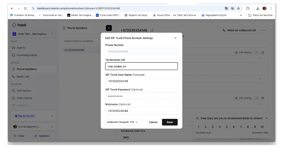 Configurar Sip Retell Ai 2 Datos Configuracion Troncal Sip Retell-Ai